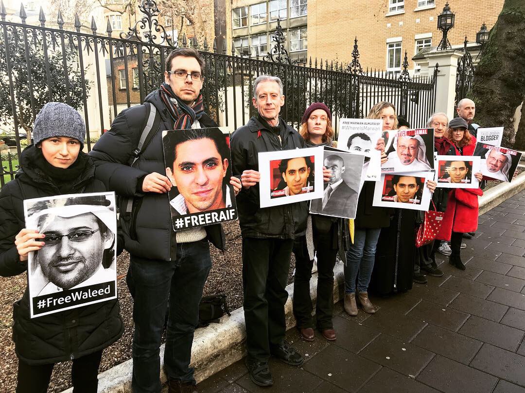 25 January 2019: Vigil for freedom of expression in Saudi Arabia, outside the Saudi Embassy in Mayfair, London.